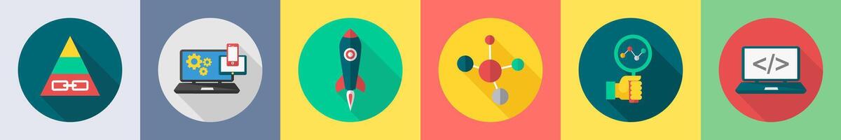A set of 6 SEO icons as pyramid, responsive, start up vector