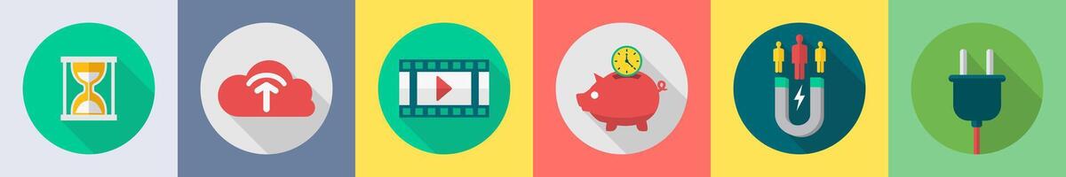 A set of 6 SEO icons as hourglass, cloud upload, clip vector