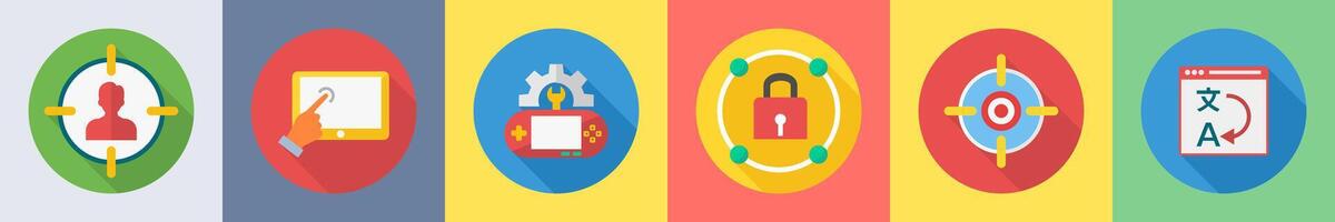 A set of 6 SEO icons as focus, tablet, game development vector