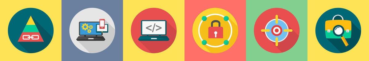 A set of 6 SEO icons as pyramid, responsive, programming vector