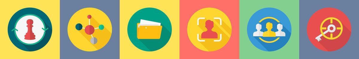 A set of 6 SEO icons as strategy, network, folder vector