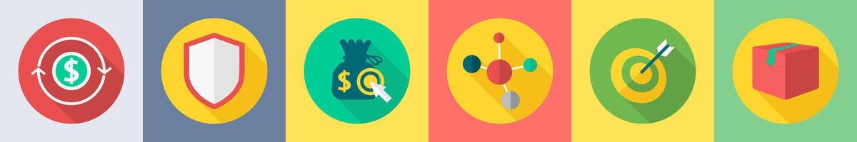 A set of 6 SEO icons as money, security shield, pay per click vector