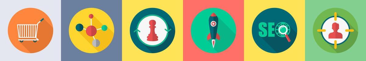 A set of 6 SEO icons as cart, network, strategy, start up vector