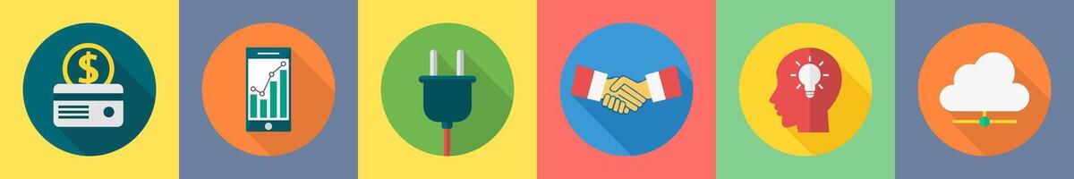 A set of 6 SEO icons as credit card, mobile analysis, socket vector