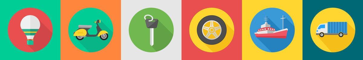 A set of 6 transport icons as parachute, scooter, key vector