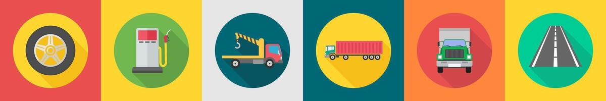 A set of 6 transport icons as wheel, fuel, tow truck vector
