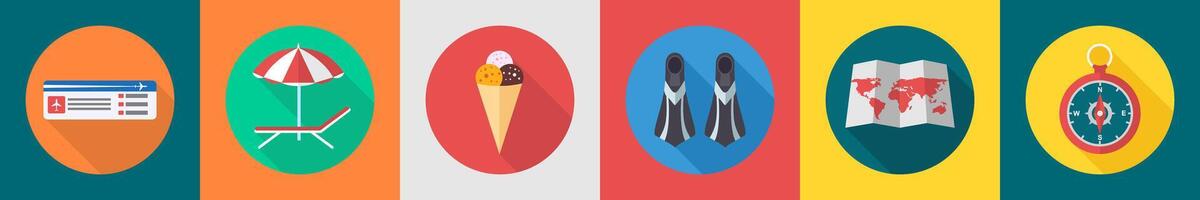 A set of 6 travel icons as plane ticket, beach, ice cream vector