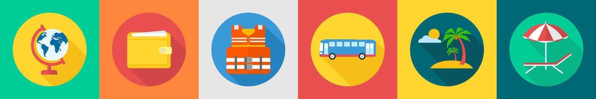 A set of 6 travel icons as globe, wallet, life jacket vector