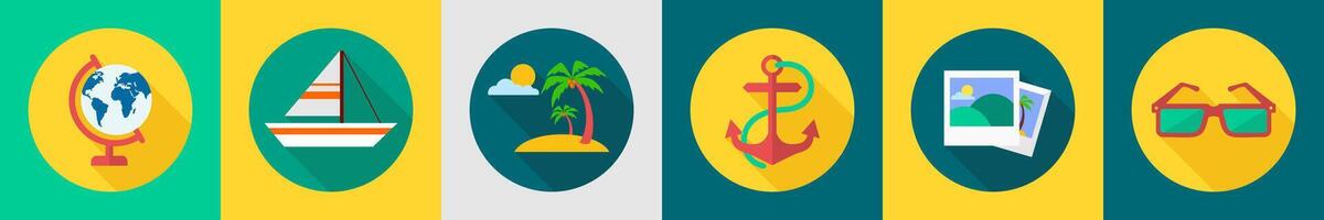 A set of 6 travel icons as globe, boat, beach vector
