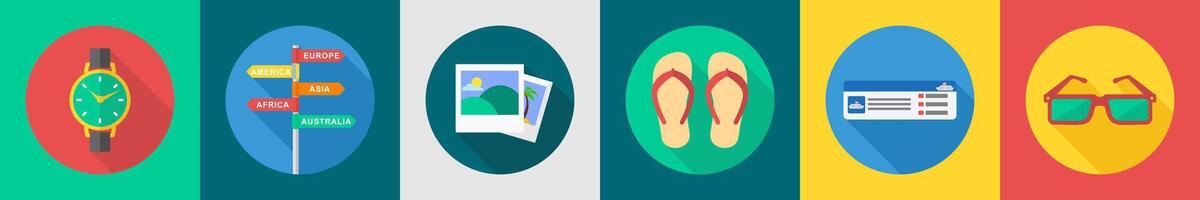 A set of 6 travel icons as wrist watch, directions, pictures vector