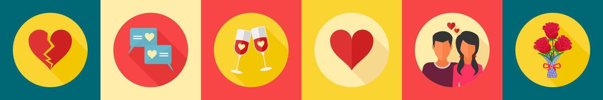 A set of 6 Valentine icons as broken heart, romantic message, drinks vector