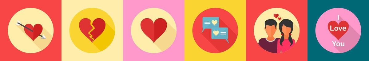 A set of 6 Valentine icons as cupid arrow, broken heart, heart vector
