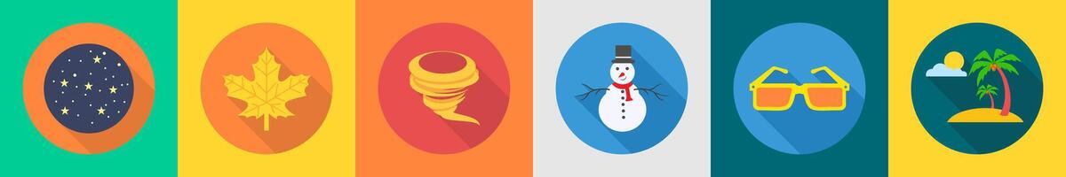 A set of 6 Weather icons as stars, maple leaf, thunderstorm vector