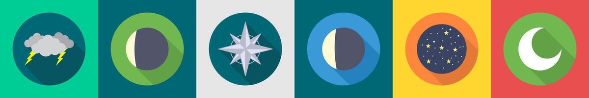 A set of 6 Weather icons as thunder, moon eclipse, compass vector
