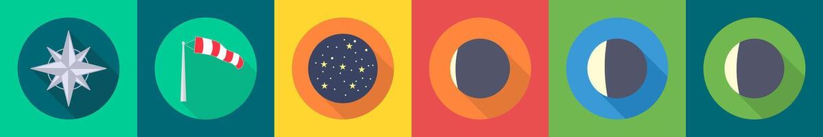 A set of 6 Weather icons as compass, telescope, stars vector