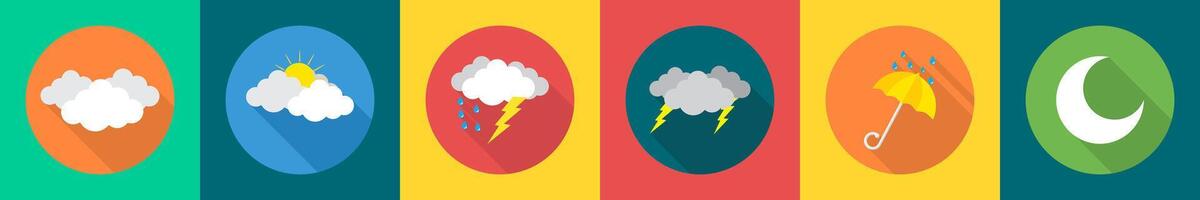 A set of 6 Weather icons as clouds, sunny day, thunderstorm vector