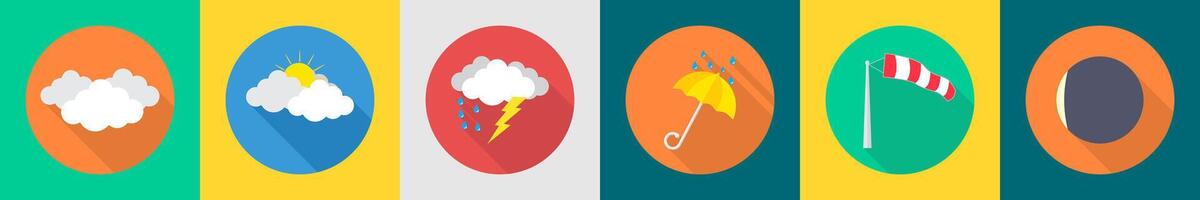 A set of 6 Weather icons as clouds, sunny day, thunderstorm vector