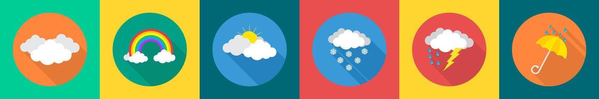 A set of 6 Weather icons as clouds, rainbow, sunny day vector