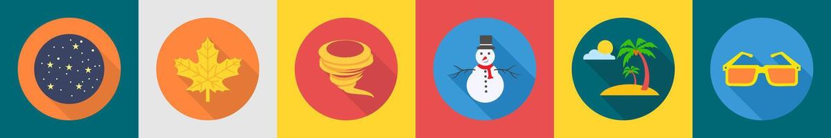 A set of 6 Weather icons as stars, maple leaf, thunderstorm vector