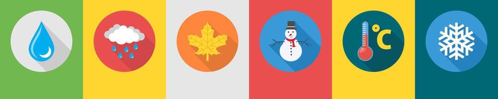 A set of 6 Weather icons as rain drop, rainy day, maple leaf vector
