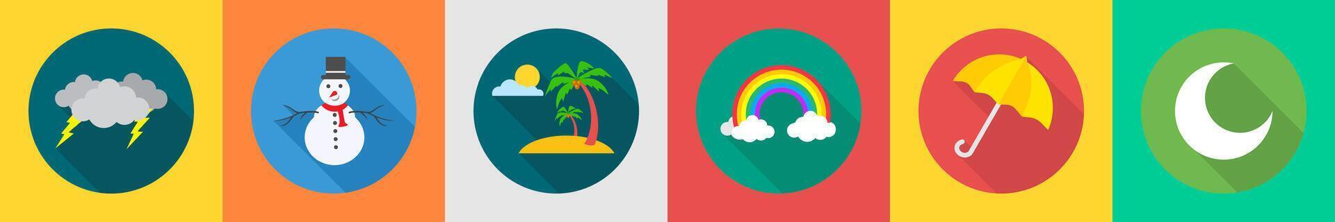 A set of 6 Weather icons as thunder, snowman, beach vector