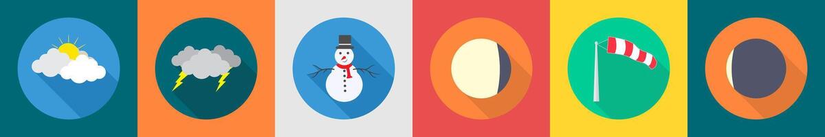 A set of 6 Weather icons as sunny day, thunder, snowman vector