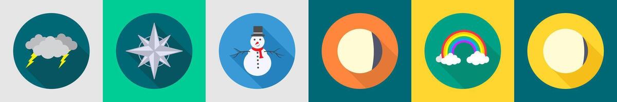 A set of 6 Weather icons as thunder, compass, snowman vector