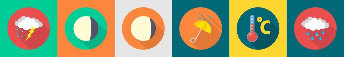 A set of 6 Weather icons as thunderstorm, crescent moon, waxing moon vector
