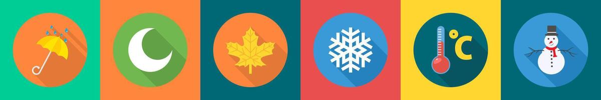 A set of 6 Weather icons as umbrella, moon, maple leaf vector