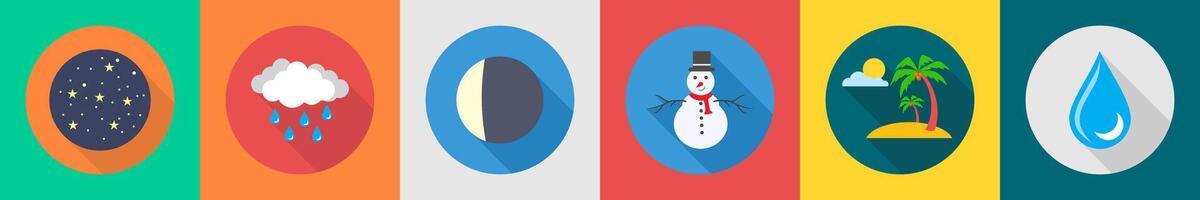 A set of 6 Weather icons as stars, rainy day, moon eclipse vector
