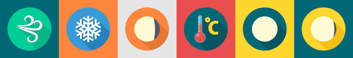 A set of 6 Weather icons as wind, snowflake, waxing moon vector