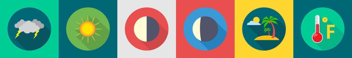 A set of 6 Weather icons as thunder, sun, first quarter vector