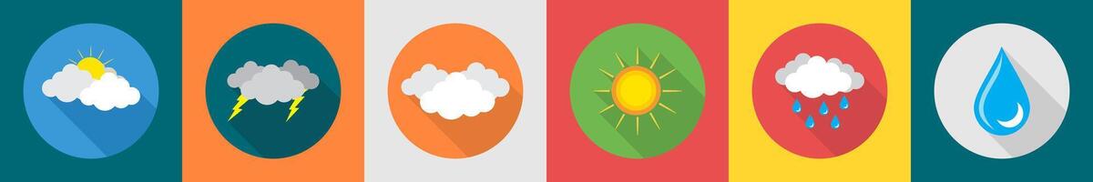 A set of 6 Weather icons as sunny day, thunder, clouds vector