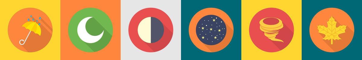 A set of 6 Weather icons as umbrella, moon, first quarter vector