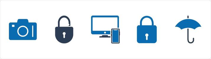 A set of 5 Business icons as dslr, open lock, responsive vector