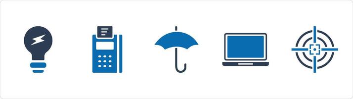 A set of 5 Business icons as idea bulb, card swipe machine, umbrella vector