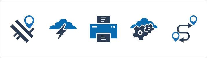 A set of 5 Business icons as road map, cloud lightning, printer vector