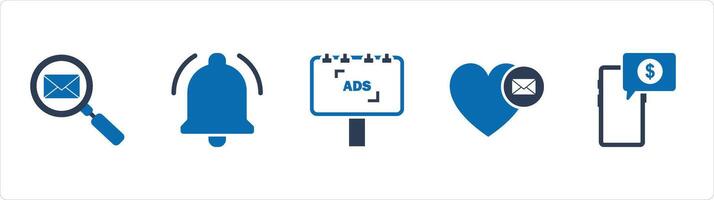 A set of 5 Business icons as search mail, notification, ad board vector