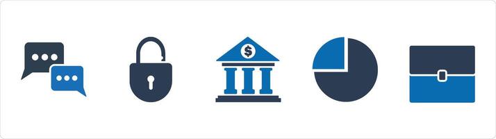 A set of 5 Business icons as chat, open lock, bank, vector