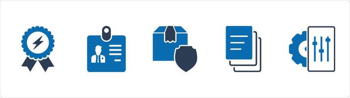 A set of 5 Business icons as badge with lightning, id card, parcel security vector