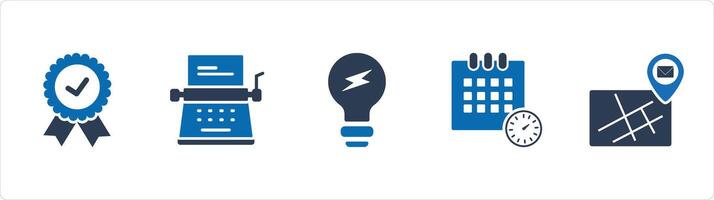 A set of 5 Business icons as correct badge, typewriter, idea bulb vector