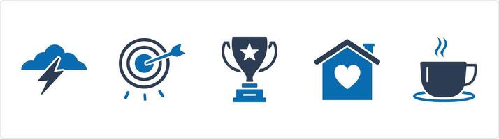 A set of 5 Business icons as cloud lightning, target dashboard, winning trophy cup vector
