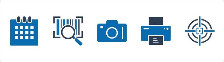 A set of 5 Business icons as calendar, search bar code, dslr vector