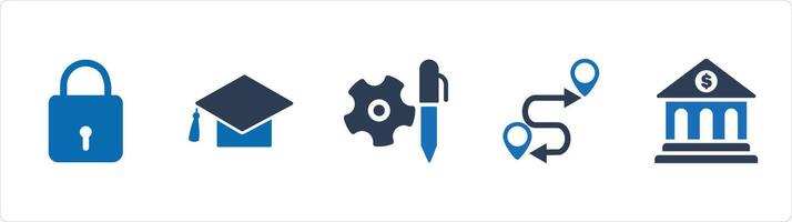 A set of 5 Business icons as lock, graduation cap, edit settings vector