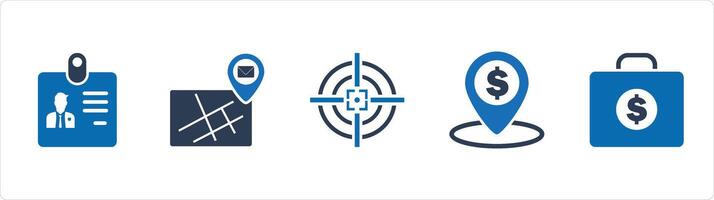 A set of 5 Business icons as id card, email location, aim vector