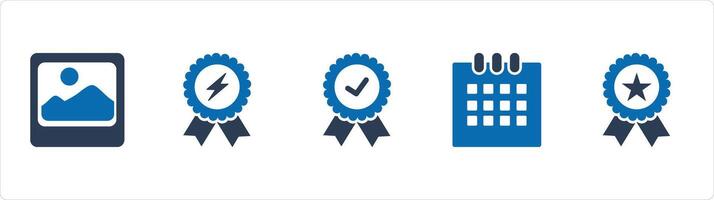 A set of 5 Business icons as gallery, badge with lightning, correct badge vector