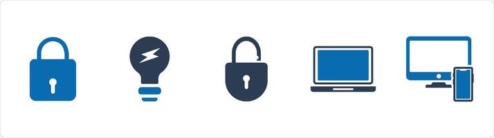 A set of 5 Business icons as lock, idea bulb, open lock vector