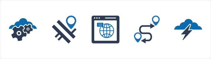 A set of 5 Business icons as cloud settings, road map, web browser vector