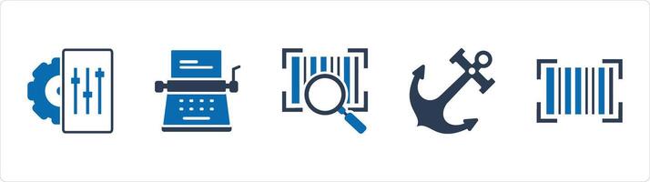 A set of 5 Business icons as configuration, typewriter, search bar code vector