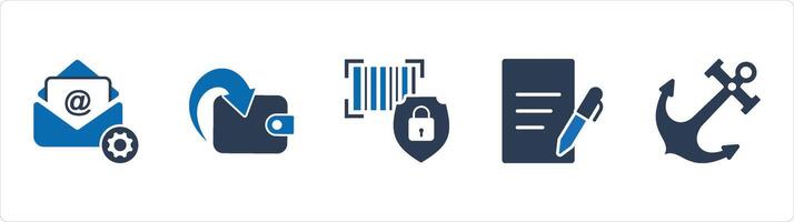 A set of 5 Business icons as email settings, cashback, bar security safety vector